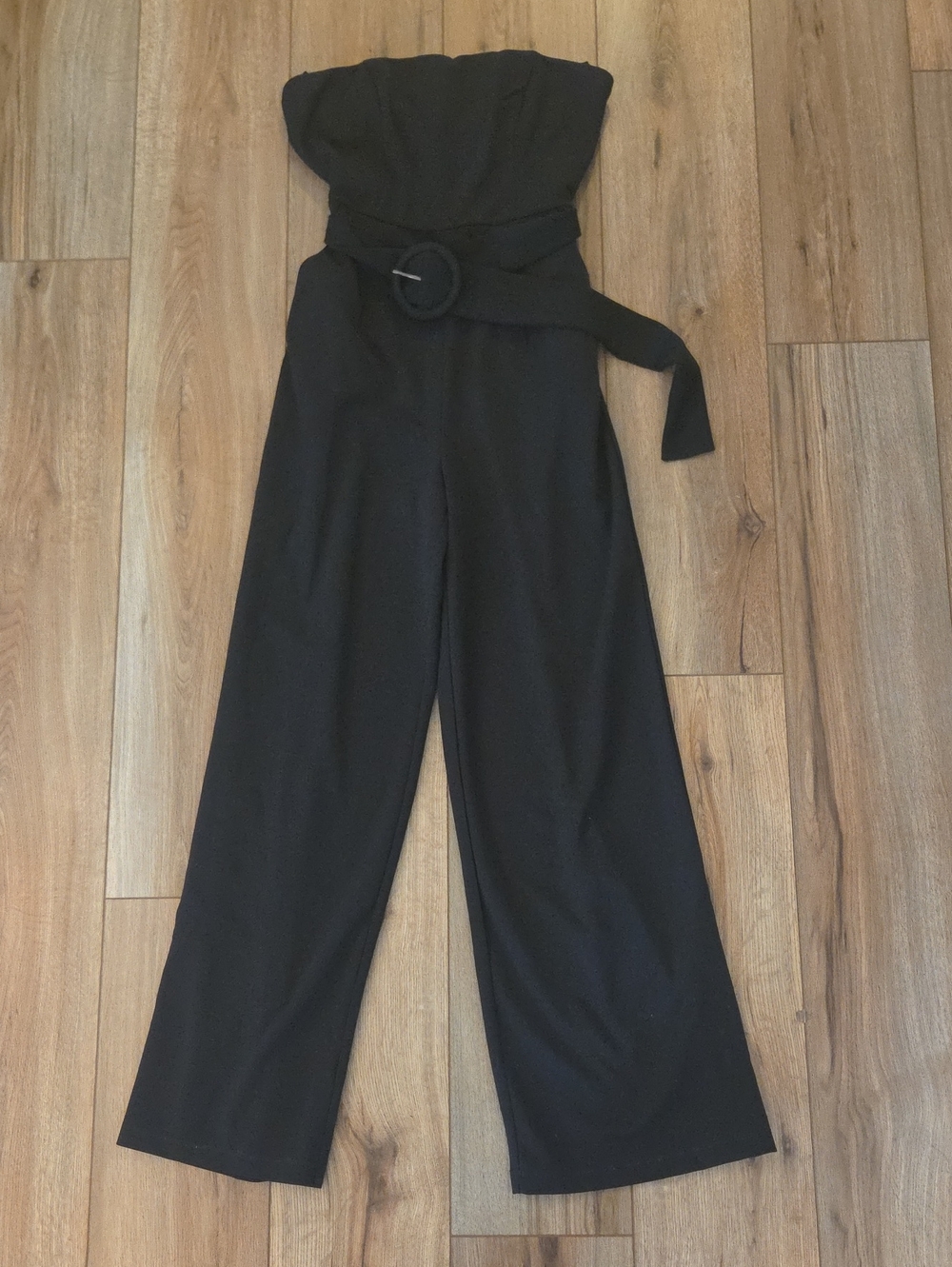 Forever 21 Black Strapless Wide-Leg Jumpsuit with Round-Buckle Waist Tie